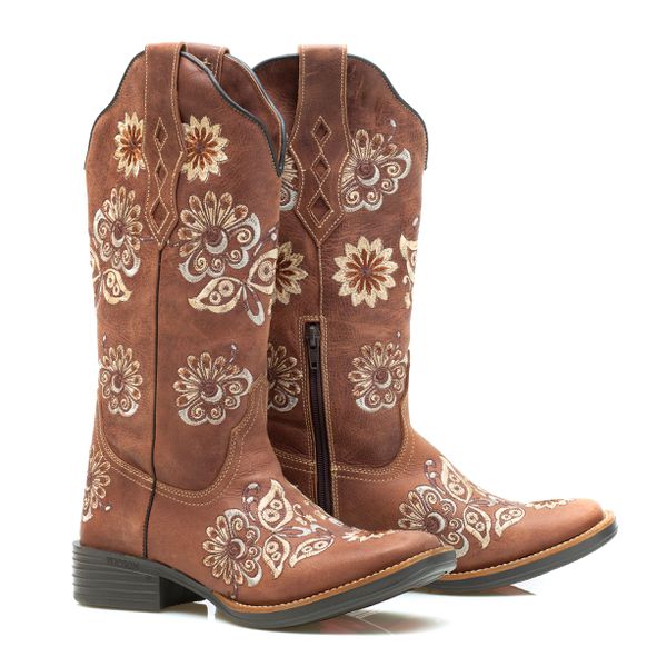 Bota Feminina Texana Tucson - Couro Fóssil Camel - Solado Flor