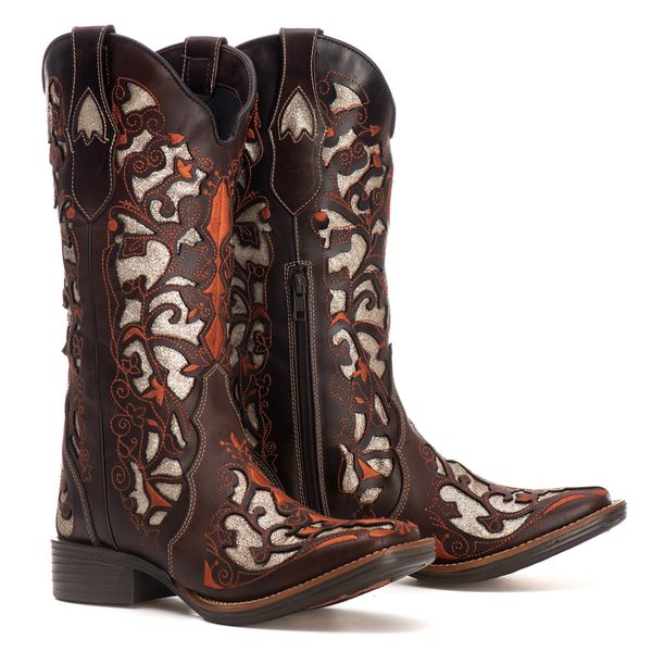 Bota Feminina Texana Tucson - Couro Euro Texas Café Glitter Prata - Solado Flor