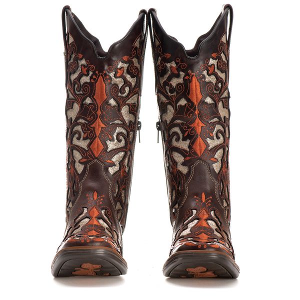 Bota Feminina Texana Tucson - Couro Euro Texas Café Glitter Prata - Solado Flor