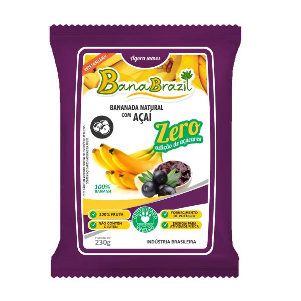 Bananada BanaBrazil Natural Com Açai Zero Açúcar/Vegana 230gr