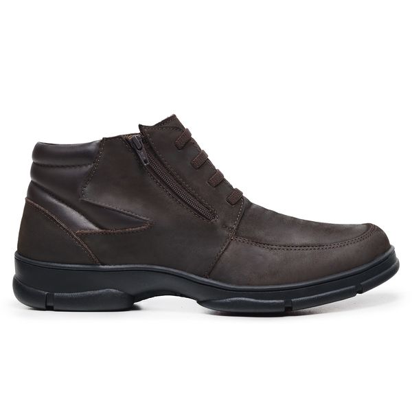 Bota Ortopédica Masculino em Couro Legítimo com Zíper e Elástico Laterais cor Marrom Café