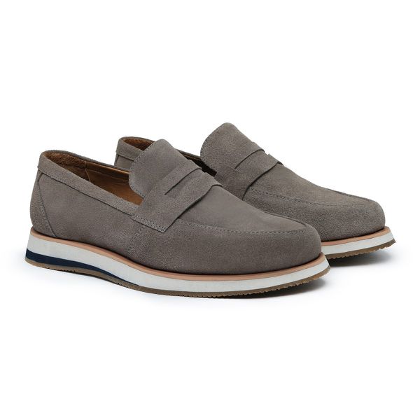 Sapato Loafer Casual Masculino Couro Camurça Cinza