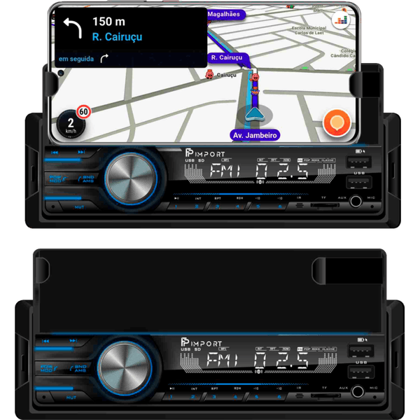 Rádio FP Import Com Suporte de Smartphone/ 2 USB/ SD Card/ Bluetooth/ 4 RCA 