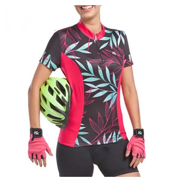 Camiseta Kanxa Ciclismo Feminina Floral MC - Preto+Rosa