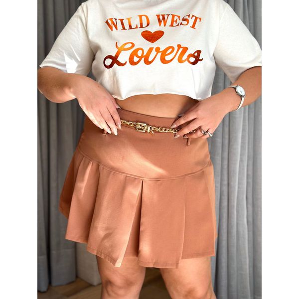 Short Saia Plus Size Plissado Marrom
