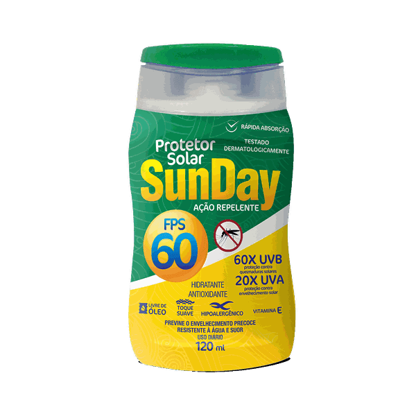 PROTETOR SOLAR E REPELENTE 60 FPS 1/3 UVA 120ML SUNDAY