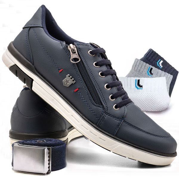 Kit Sapatenis Masculino Franshoes Calce Facil Azul + Cinto de Gorgorão + 3 Pares de Meia Lupo 189