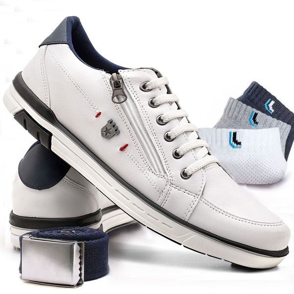 Kit Sapatenis Masculino Franshoes Calce Facil Branco + Cinto de Gorgorão + 3 Pares de Meia Lupo 189