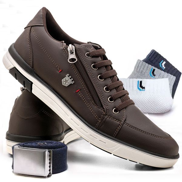Kit Sapatenis Masculino Franshoes Calce Facil Café + Cinto de Gorgorão + 3 Pares de Meia Lupo 189