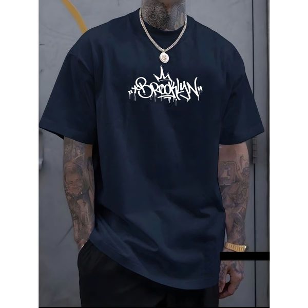 Camiseta Masculina Franshoes Casual 100% Algodão Brooklyn Letters Azul Marinho Manga Curta
