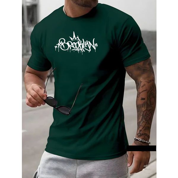 Camiseta Masculina Franshoes Casual 100% Algodão Brooklyn Letters Verde Manga Curta