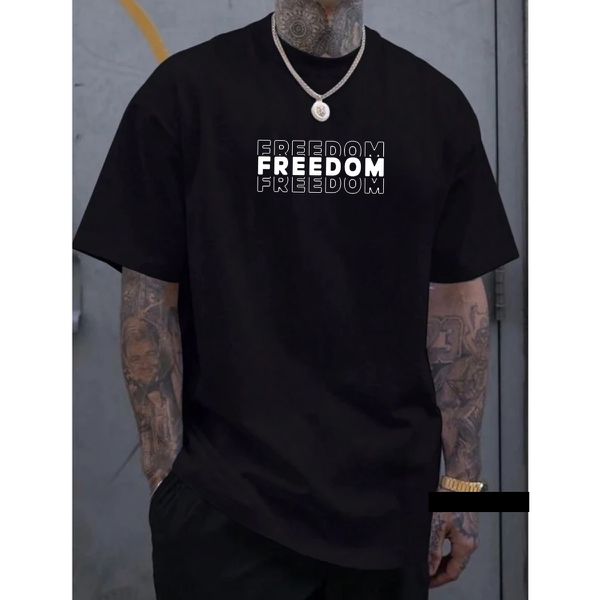 Camiseta Masculina Franshoes Casual 100% Algodão Freedom Preto Manga Curta