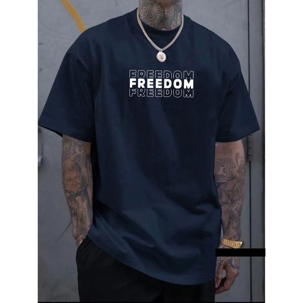 Camiseta Masculina Franshoes Casual 100% Algodão Freedom Azul Marinho Manga Curta