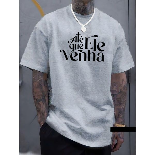 Camiseta Masculina Franshoes Casual 100% Algodão Até Que Ele Venha Cinza Manga Curta