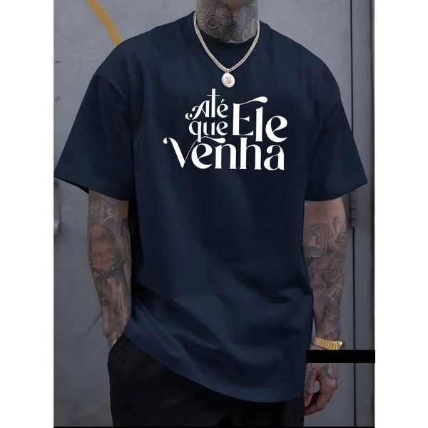 Camiseta Masculina Franshoes Casual 100% Algodão Até Que Ele Venha Azul Marinho Manga Curta 