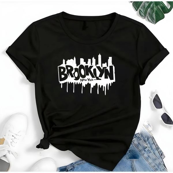 T- Shirt Feminina Franshoes 100% Algodão Camiseta Brooklyn City Preta