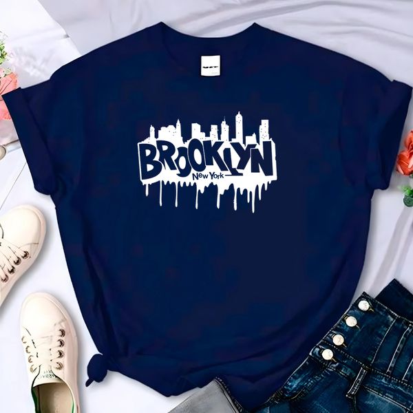 T- Shirt Feminina Franshoes 100% Algodão Camiseta Brooklyn City Azul Bic