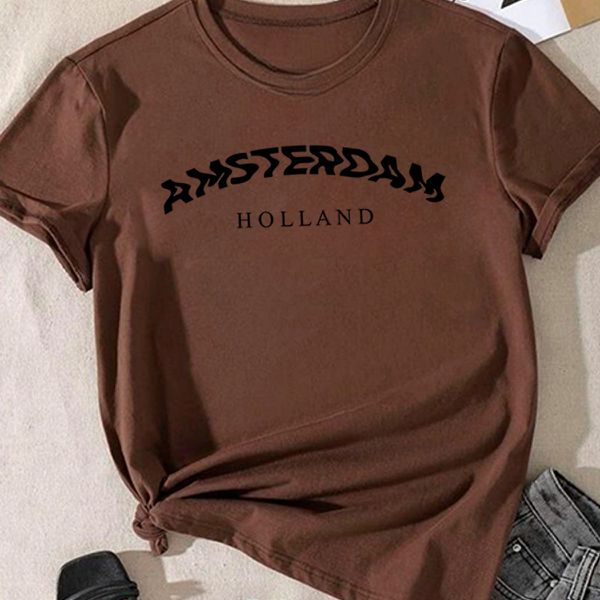 T- Shirt Feminina Franshoes 100% Algodão Camiseta Amsterdam Holland Marrom