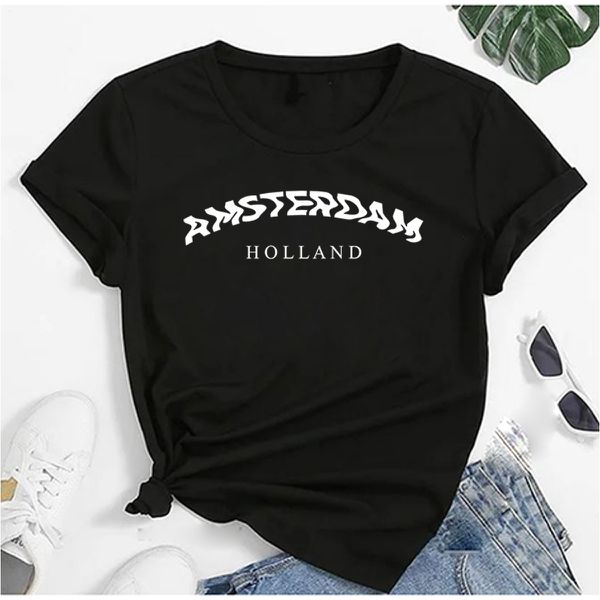 T- Shirt Feminina Franshoes 100% Algodão Camiseta Amsterdam Holland Preta
