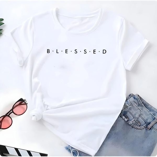 T- Shirt Feminina Franshoes 100% Algodão Blessed Branca 
