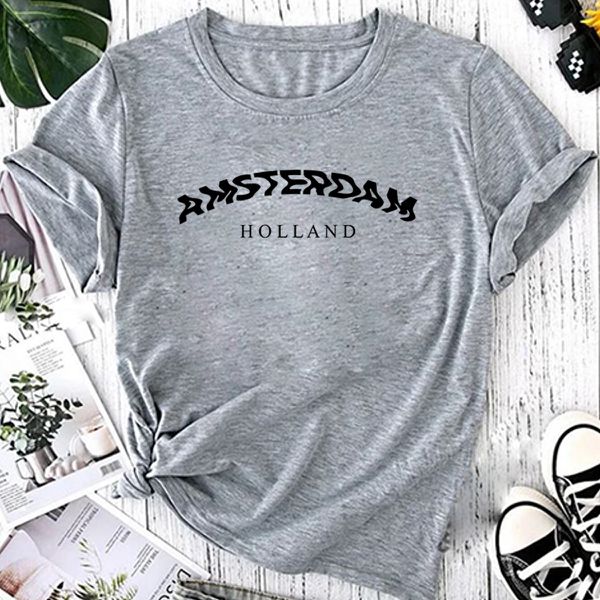 T- Shirt Feminina Franshoes 100% Algodão Camiseta Amsterdam Holland Cinza