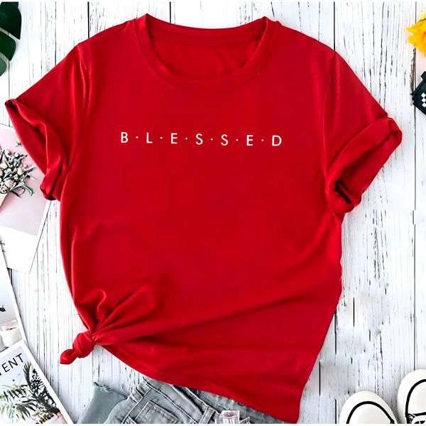 T- Shirt Feminina Franshoes 100% Algodão Camiseta Blessed Vermelha 