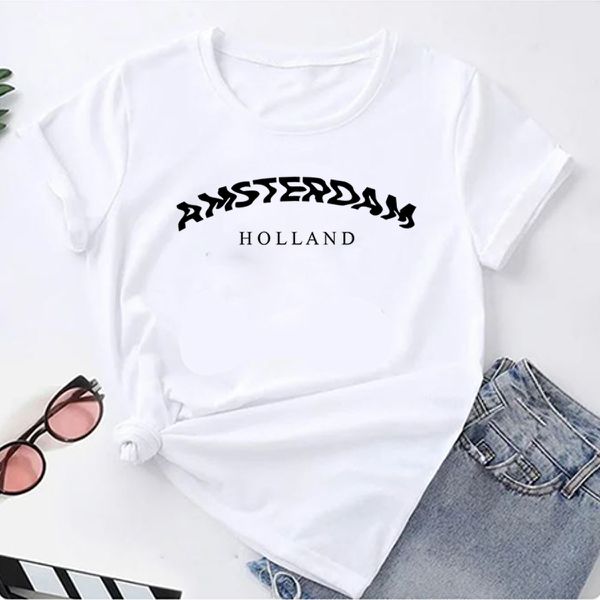 T- Shirt Feminina Franshoes 100% Algodão Camiseta Amsterdam Holland Branca 