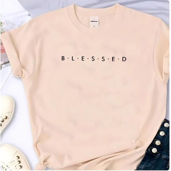 T- Shirt Feminina Franshoes 100% Algodão Blessed Creme