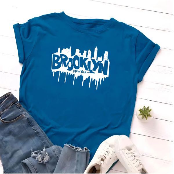 T- Shirt Feminina Franshoes 100% Algodão Camiseta Brooklyn City Azul