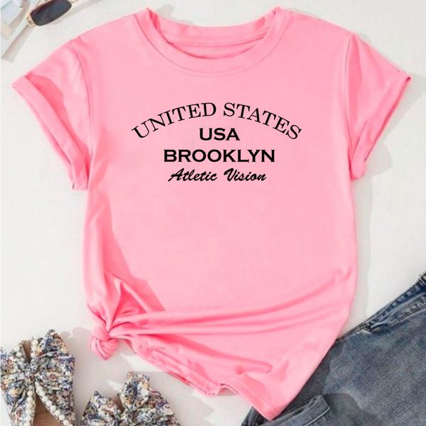 T- Shirt Feminina Franshoes 100% Algodão Camiseta Brooklyn Atletic Vision Rosa Claro