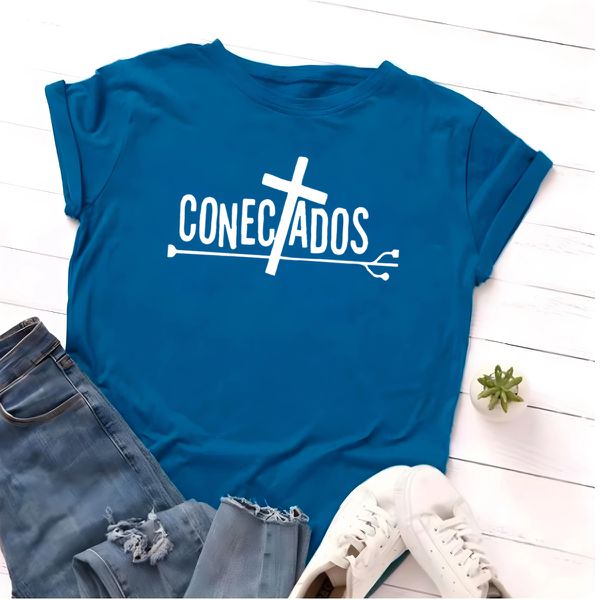 T- Shirt Feminina Franshoes 100% Algodão Camiseta Conectados Azul