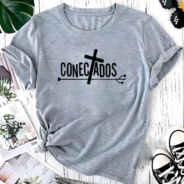 T- Shirt Feminina Franshoes 100% Algodão Camiseta Conectados Cinza