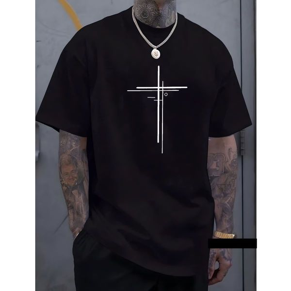 Camiseta Masculina Franshoes Casual 100% Algodão Cruz Dupla Preta Manga Curta