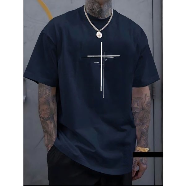 Camiseta Masculina Franshoes Casual 100% Algodão Cruz Dupla Azul Marinho Manga Curta 