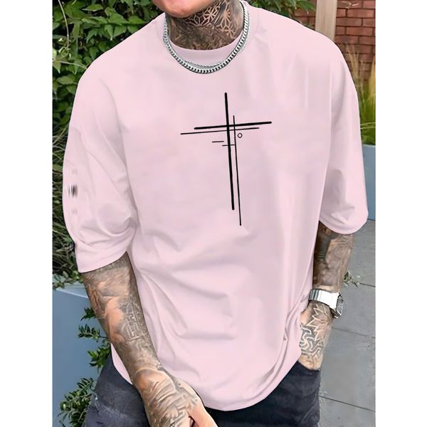 Camiseta Masculina Franshoes Casual 100% Algodão Cruz Dupla Rosa Bebê Manga Curta