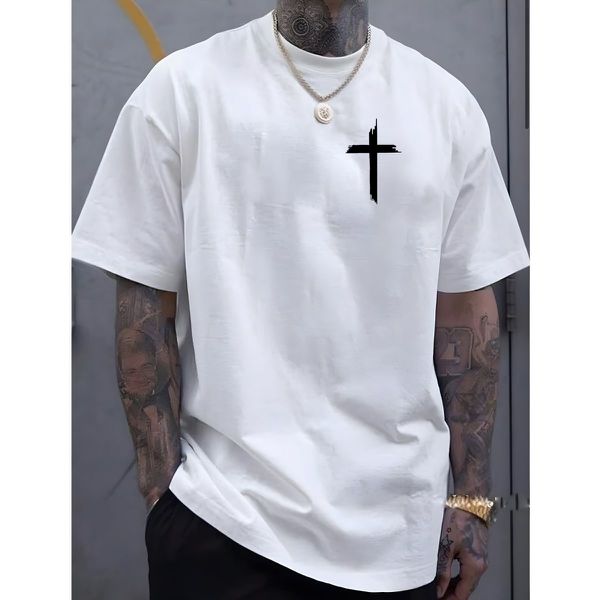 Camiseta Masculina Franshoes Casual 100% Algodão Cruz Branco Manga Curta
