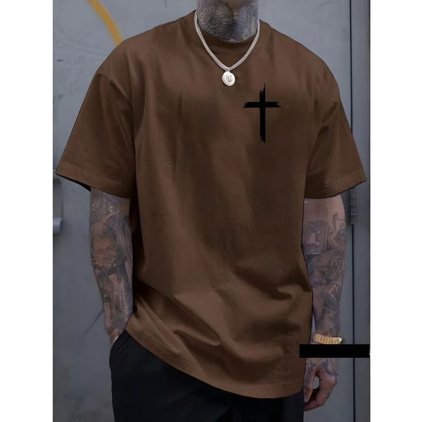 Camiseta Masculina Franshoes Casual 100% Algodão Cruz Marrom Manga Curta
