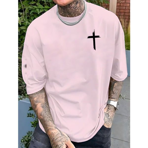 Camiseta Masculina Franshoes Casual 100% Algodão Cruz Rosa Bebê Manga Curta