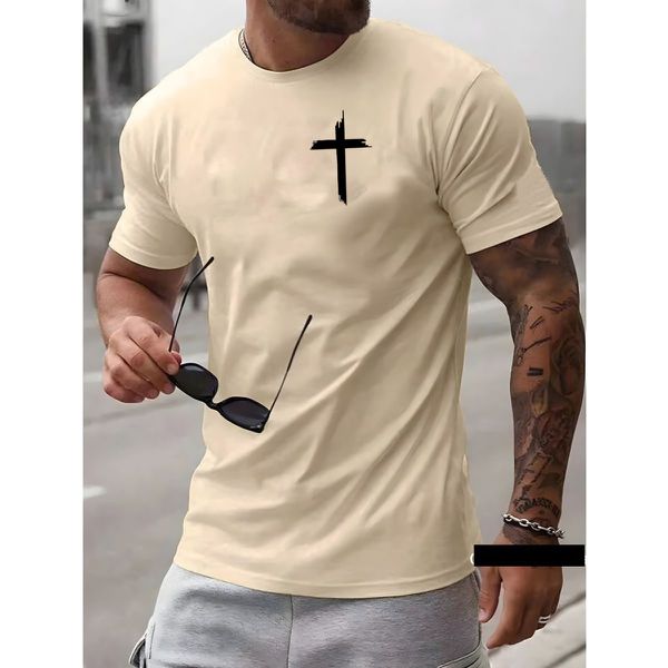 Camiseta Masculina Franshoes Casual 100% Algodão Cruz Creme Manga Curta