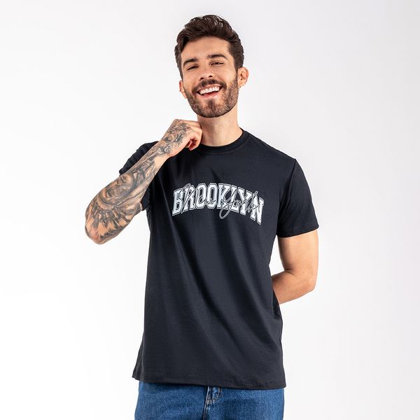 Camiseta Masculina Franshoes Casual 100% Algodão Brooklyn Preta Manga Curta