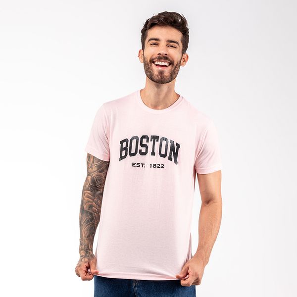Camiseta Masculina Franshoes Casual 100% Algodão Boston Rosa Bebê Manga Curta 