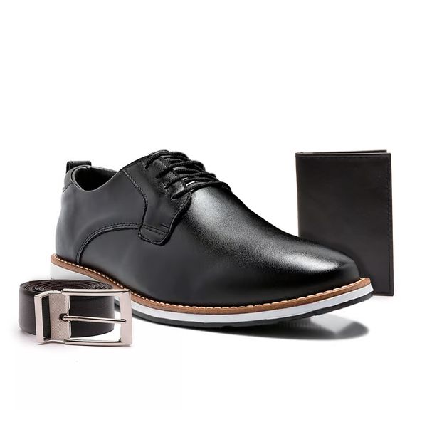 Kit Sapato Social Derby Franshoes em Atacador Preto com Cinto e Carteira