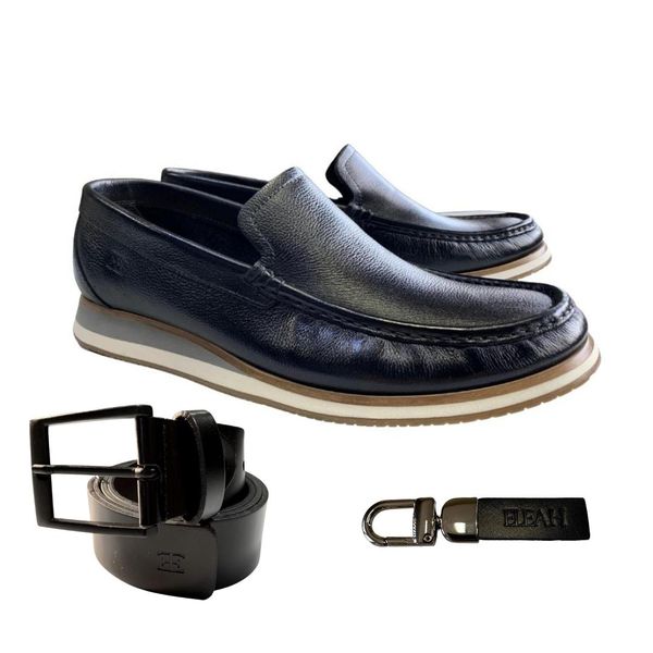 Kit Sapato Masculino Mocassim Emilio Preto + Cinto Casual Masculino Couro Soleta Preto Fivela Preta + Chaveiro Couro Preto