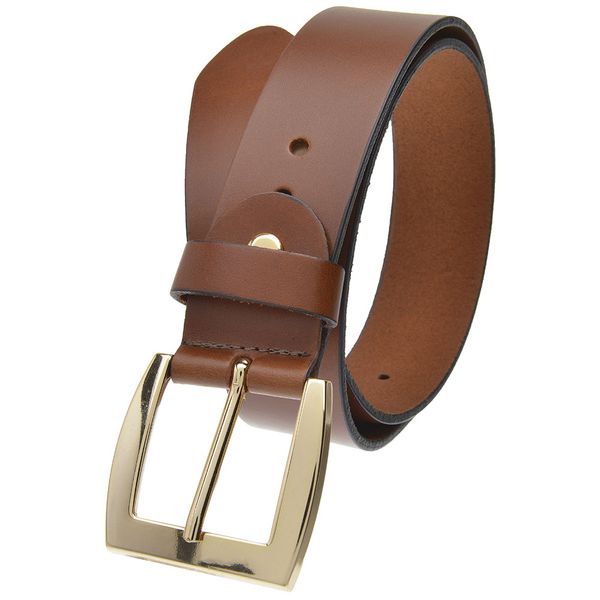 Cinto casual feminino em Couro na cor conhaque com fivela dourada