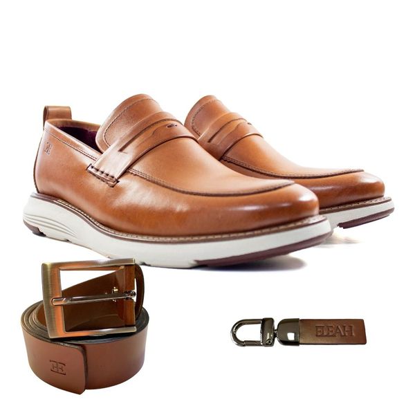 Kit Sapato Masculino Loafer Gianni Conhaque + Cinto Casual Masculino Couro Soleta Conhaque + Chaveiro Couro Conhaque