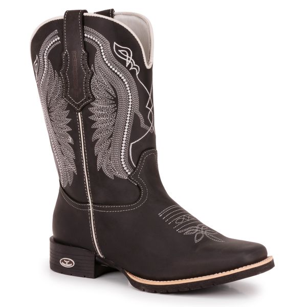 Bota Texana Masculina Bico Quadrado - Crazy Horse Preto/Crazy Horse Preto