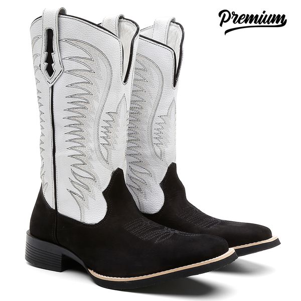 Bota Texana Masculina Nobuck Preto Branco