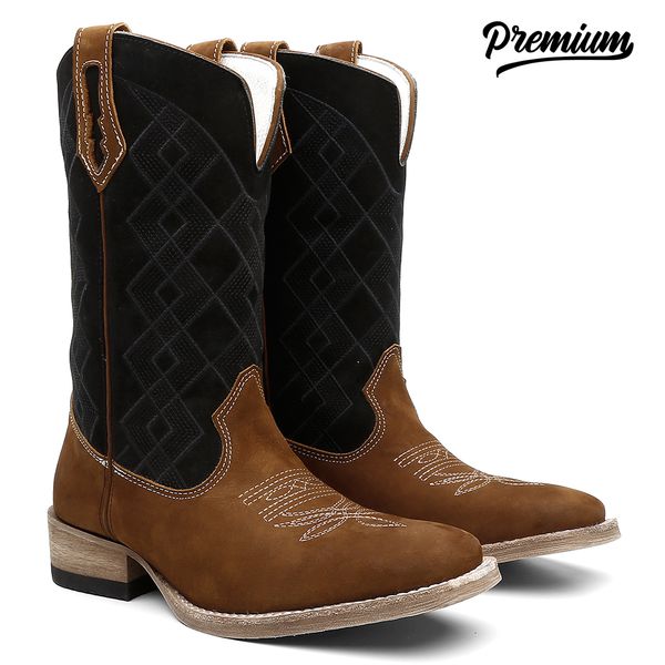 Bota Texana Masculina Nobuck Camel Xadrez Preto