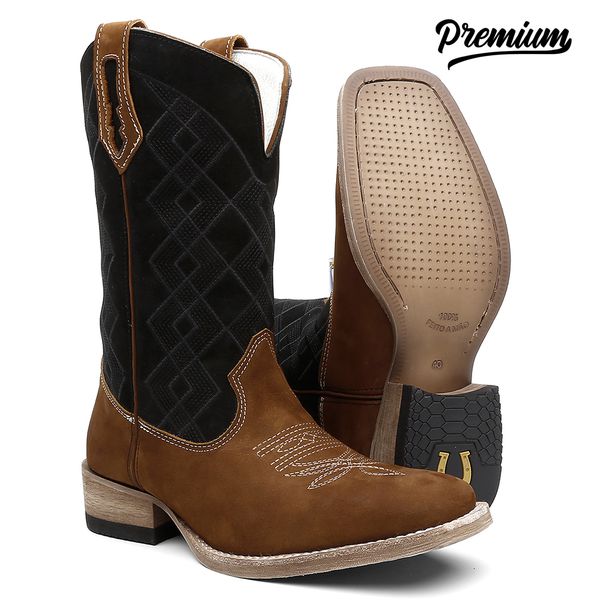 Bota Texana Masculina Nobuck Camel Xadrez Preto TURUNA BOOTS