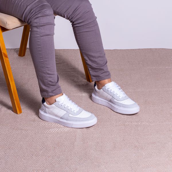 Tênis Casual Masculino Vancouver em Couro Branco Camurça Cinza 